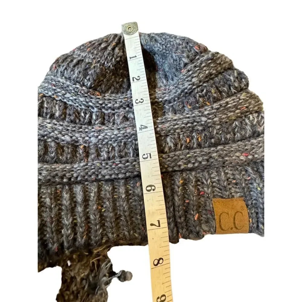 C.C Unisex Confetti Flecked Ponytail Cable Knit Beanie Hat Gray